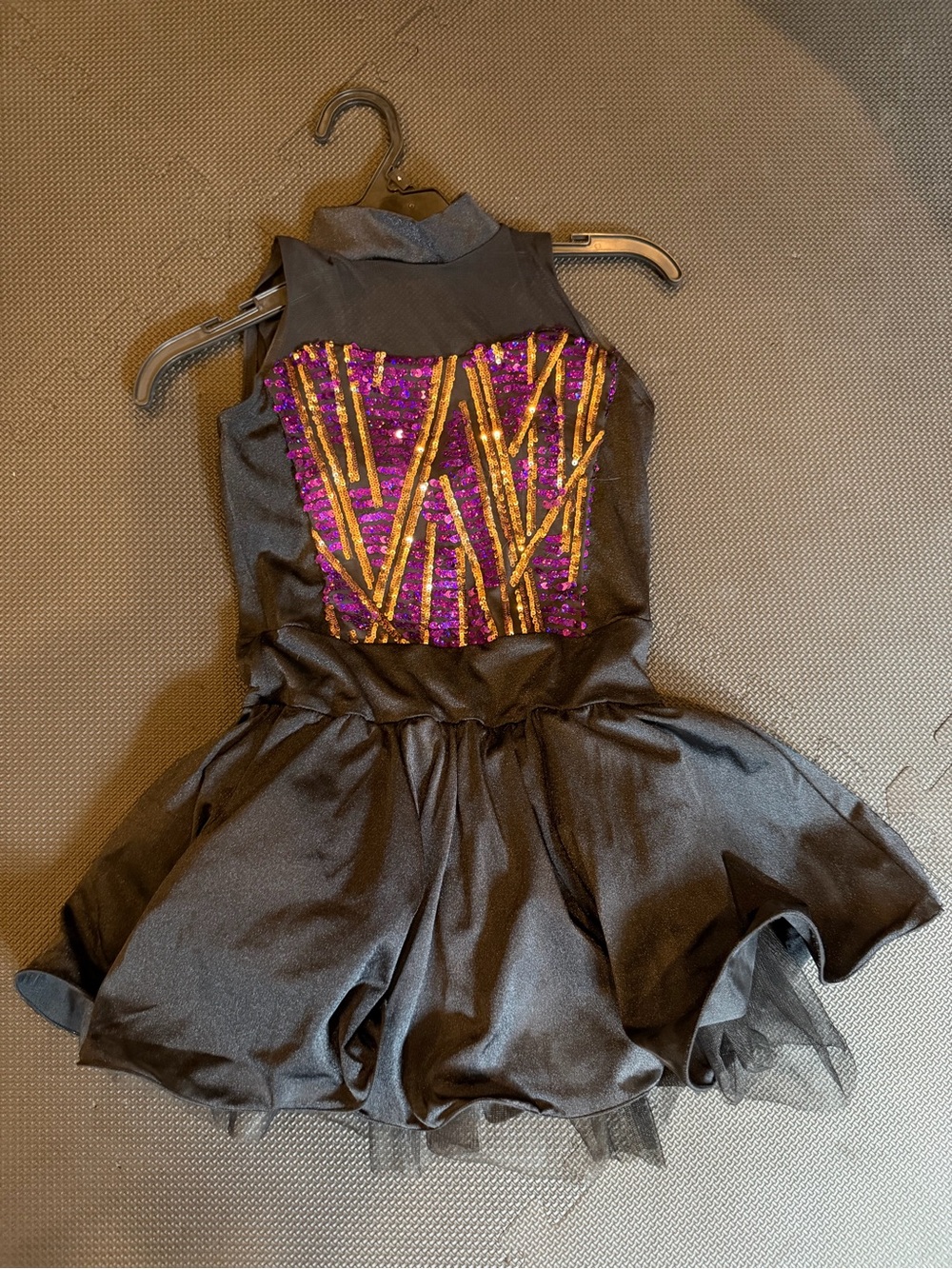 Weissman Black Dance Costume with Purple and Gold Sequin Bodice